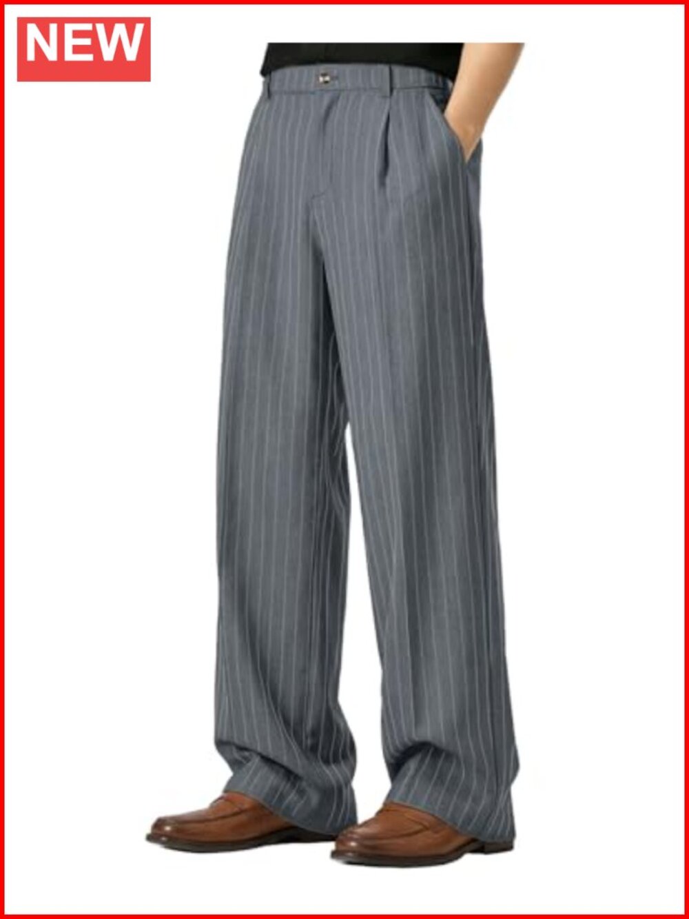 Men's Pinstripe Wide Leg Pleated Dress Pants Elastic Waist Loose Fit